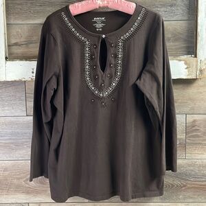 Avenue Womens Embroidered Tunic Comfort Fit, Size 18/20 Brown Rhinestones
